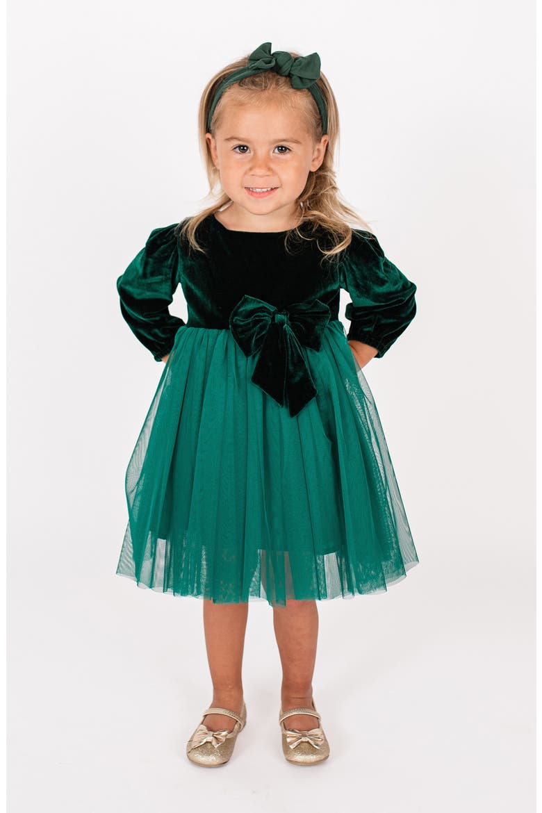 Kids' Long Sleeve Velvet & Tulle Party Dress, Main, color, GREEN