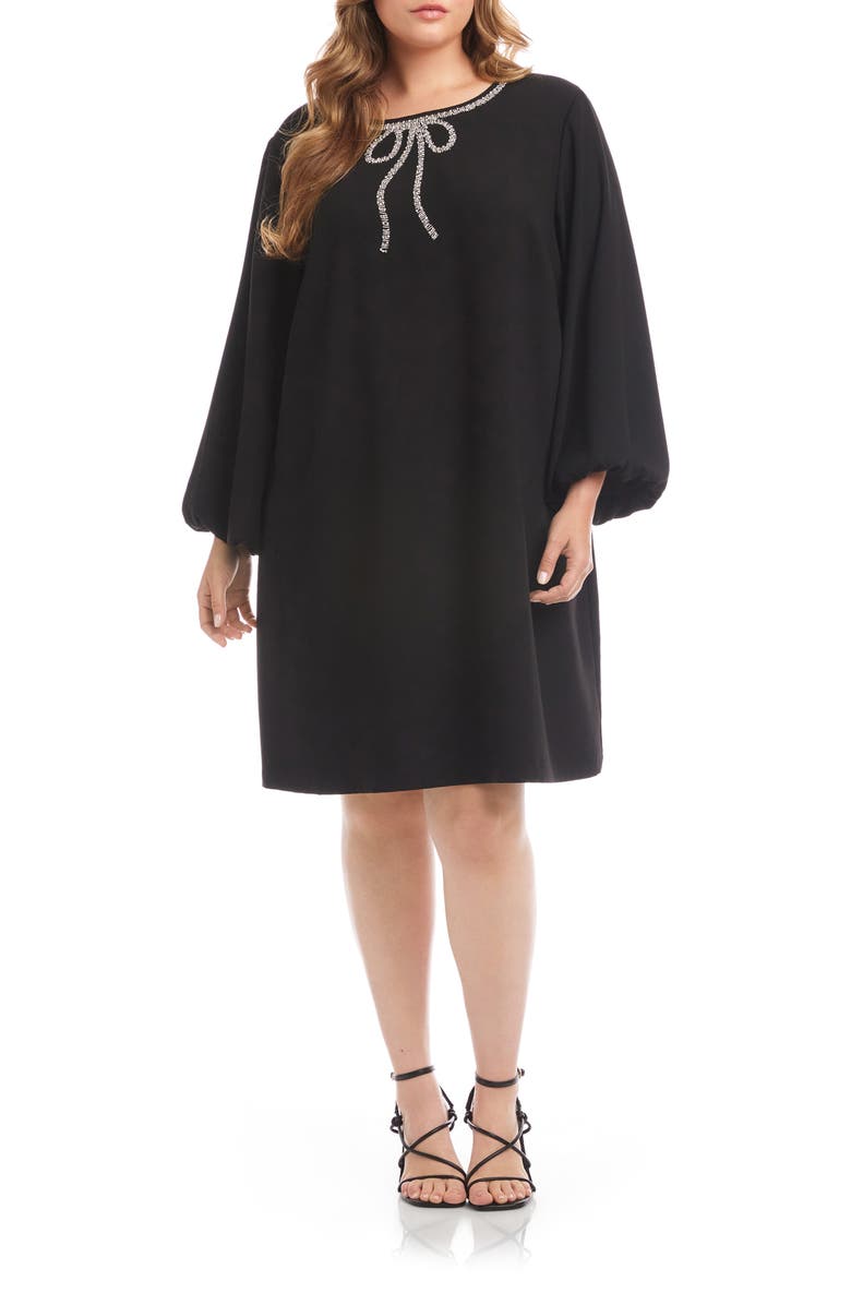 Karen Kane Embellished Bow Long Sleeve Shift Dress, Main, color, Black