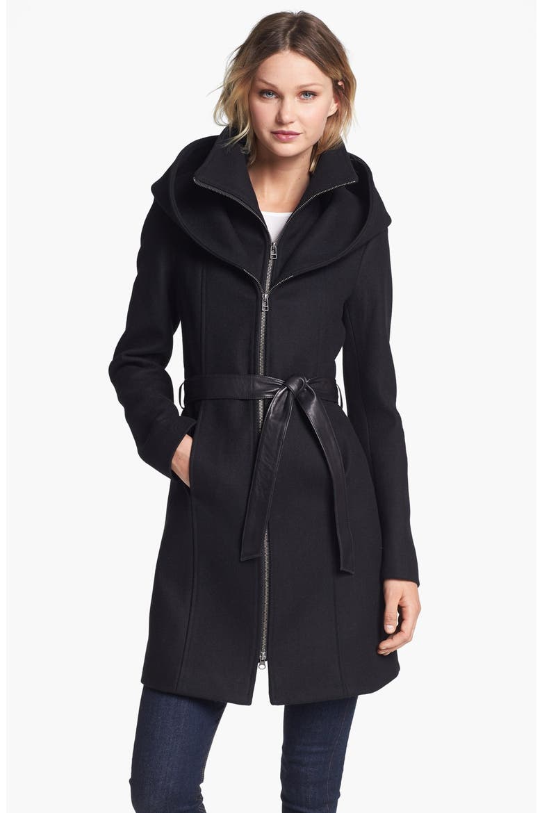 Hooded Wool Blend Coat with Leather Belt, Main, color, BLACK