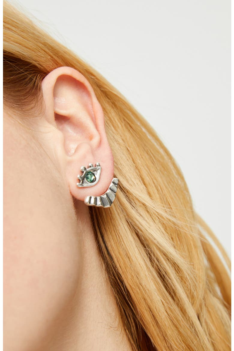Silver-Plated Earrings with Detachable Eyelashes and Green Crystal, Alternate, color, Silver