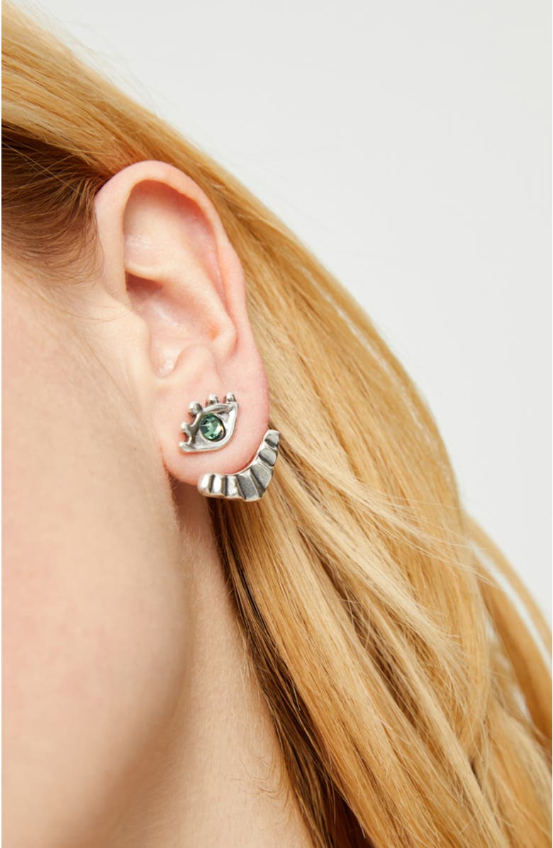 UNODE50 Silver-plated earrings with detachable eyelashes and green crystal, Alternate, color, Silver