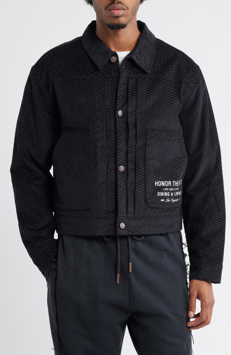 HONOR THE GIFT Logo Detail Cotton Corduroy Jacquard Jacket, Alternate, color, Black