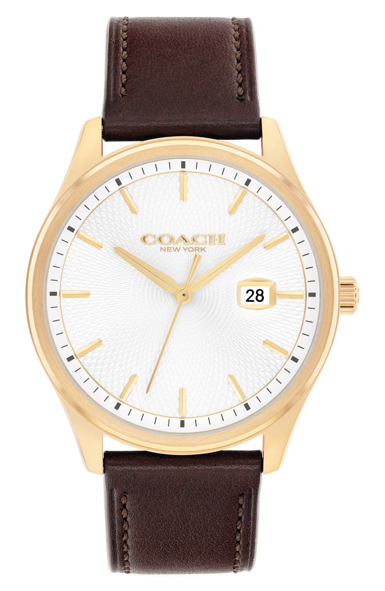 COACH Oliver Leather Strap Watch, 41mm, Main, color, White