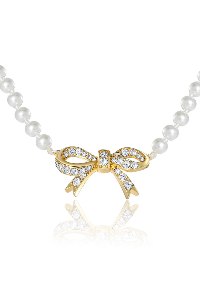 Pearl Necklace with Pavé Bow, Gold-Tone Accents, Main, color, White, Gold Tone