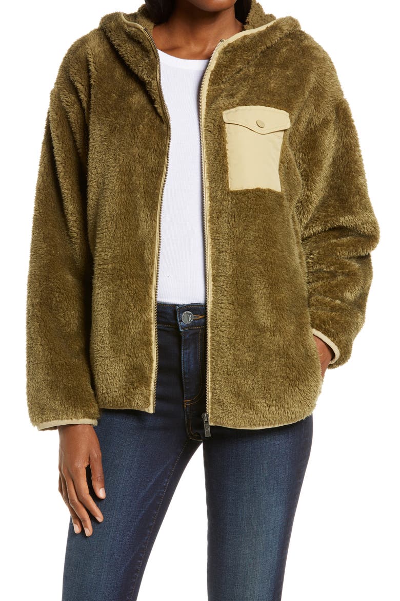 Kadence Faux Fur Zip Hoodie, Main, color, WILD OLIVE