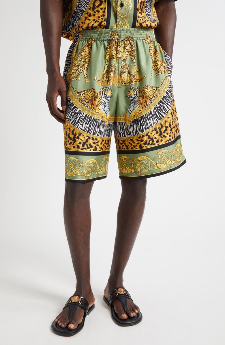 Versace Wild Cats Print Silk Twill Shorts, Main, color, Green Black