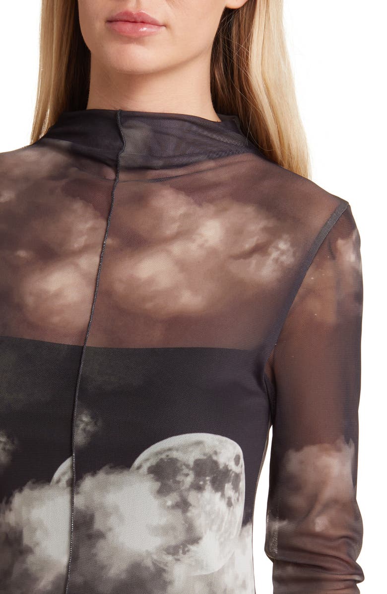Noisy may Luna Mock Neck Long Sleeve Mesh Dress, Alternate, color, Black Aop Moon