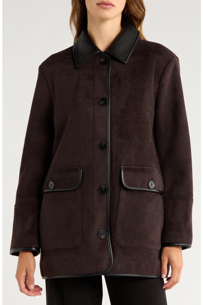 Button Front Coat with Faux Leather Trim, Alternate, color, SEAL BROWN / BLACK