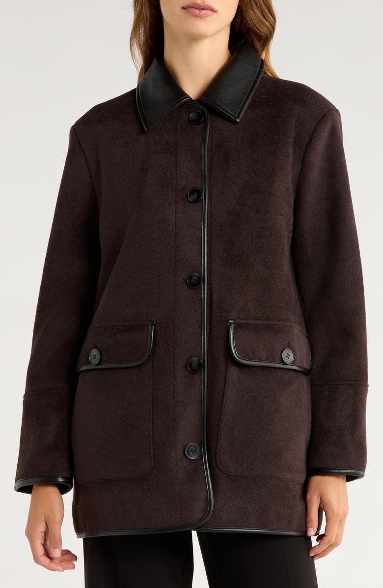 Bernardo Button Front Coat with Faux Leather Trim, Alternate, color, Seal Brown / Black