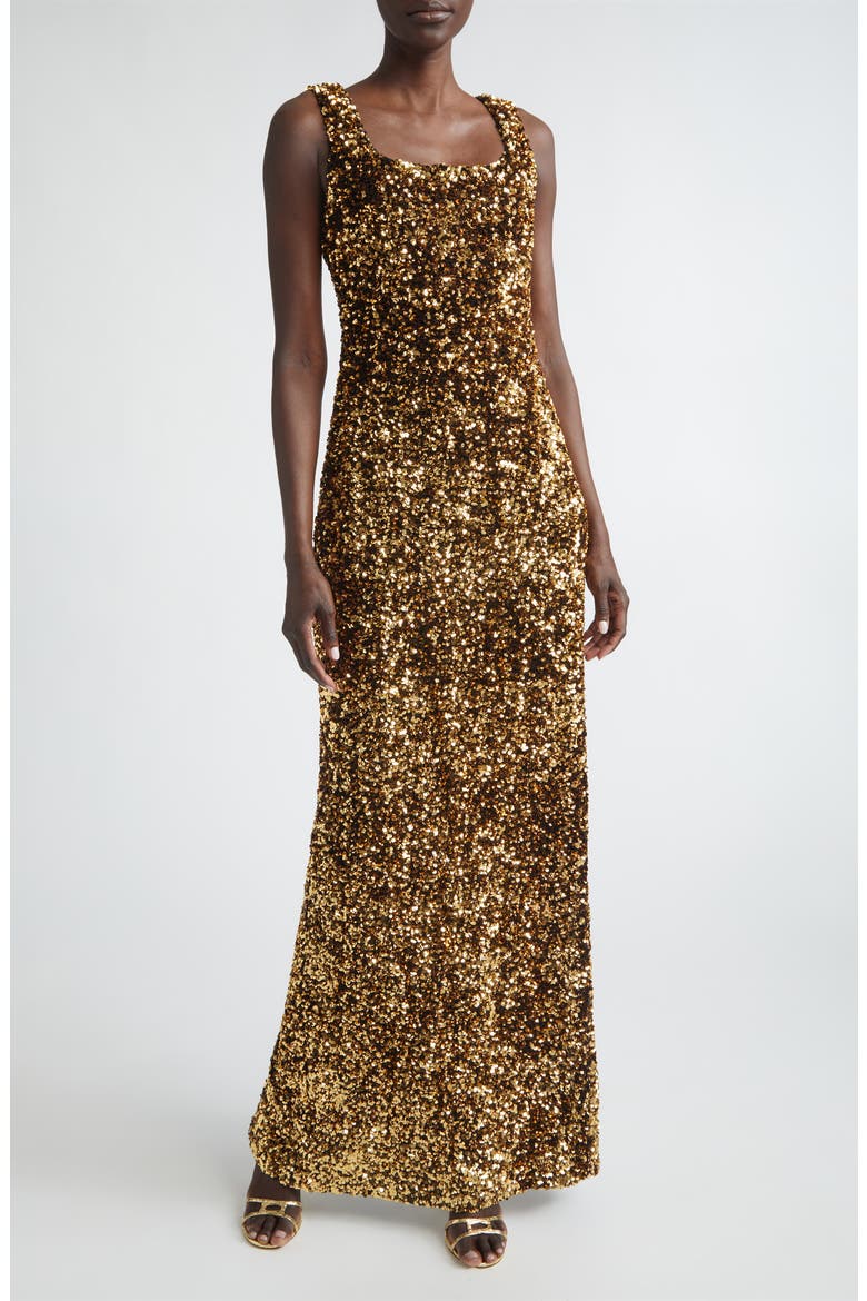 Pailette Embroidered Column Gown, Main, color, GOLD METALLIC