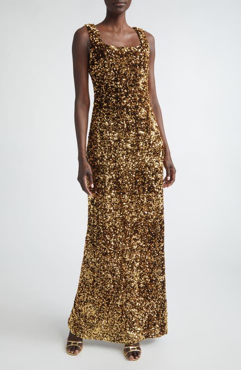 Pailette Embroidered Column Gown