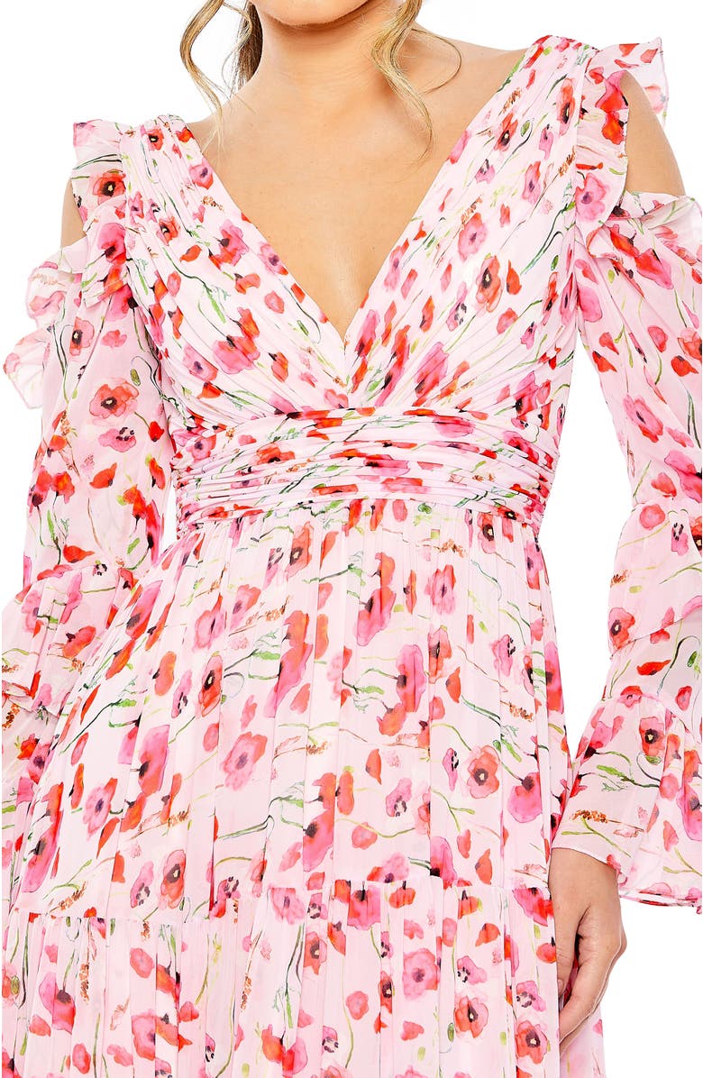 Mac Duggal Ruffle Sleeve Floral Print Gown, Alternate, color, White Multi