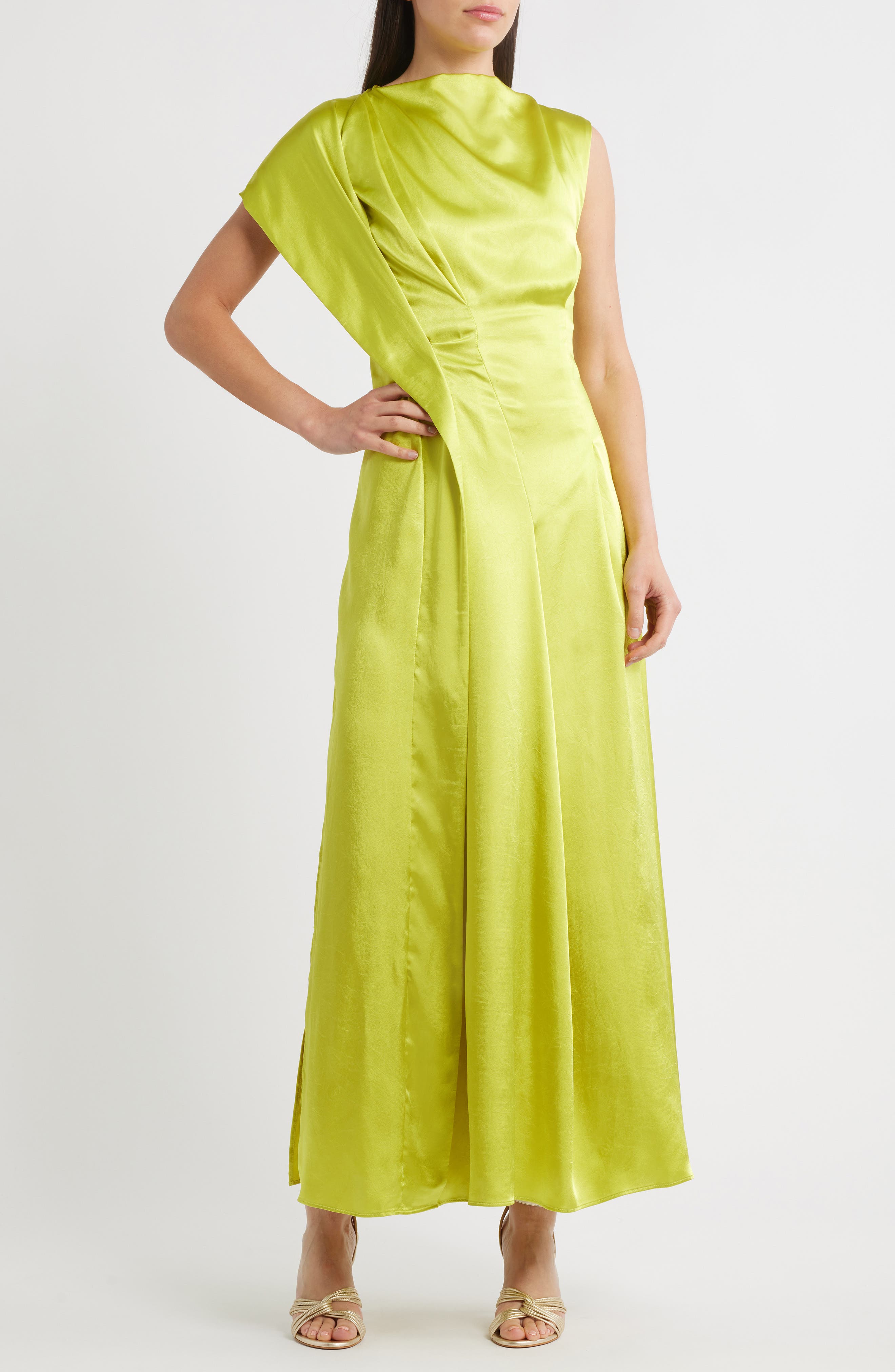 Aroba One-Shoulder Crinkle Satin Gown