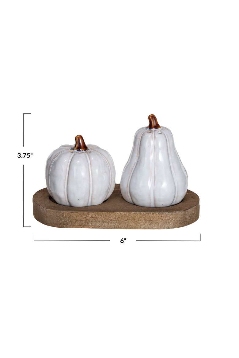 Stoneware Pumpkin Shaped Salt and Pepper Shakers on a Wood Tray in Reactive Glaze, Alternate, color, White; Natural