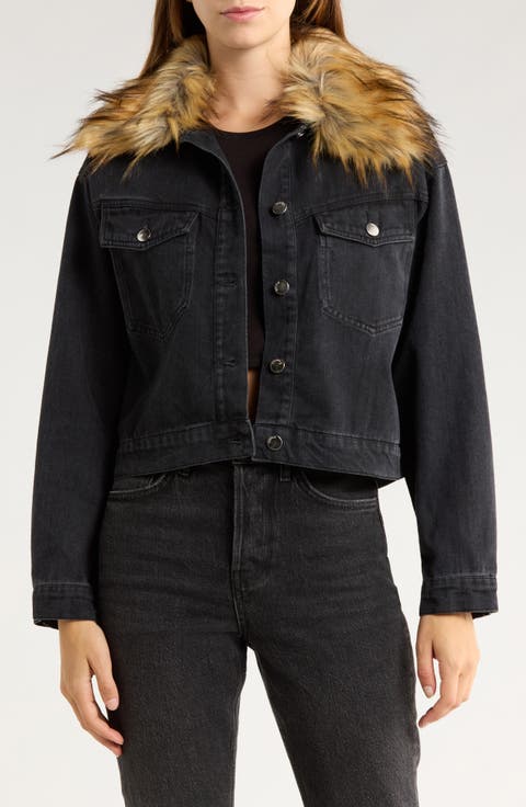 Faux Fur Collar Crop Denim Jacket