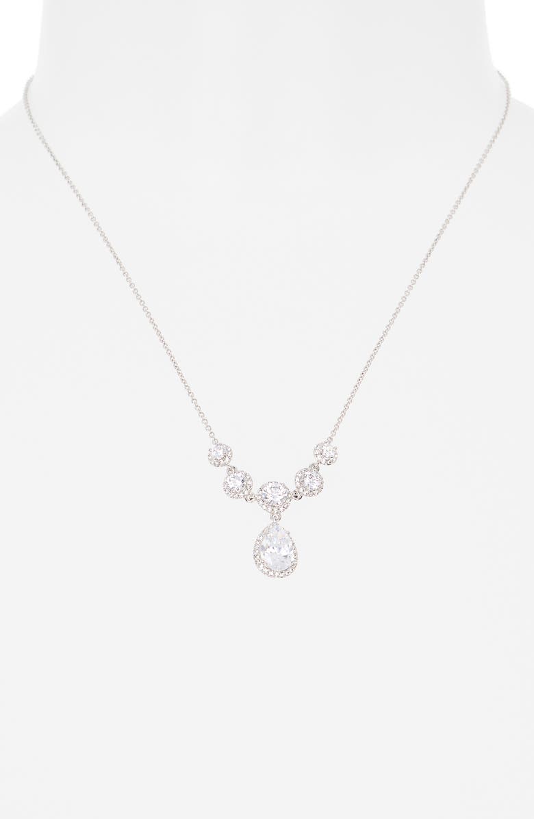 Nadri Cubic Zirconia Pear Drop Frontal Necklace, Alternate, color, Rhodium/ Clear