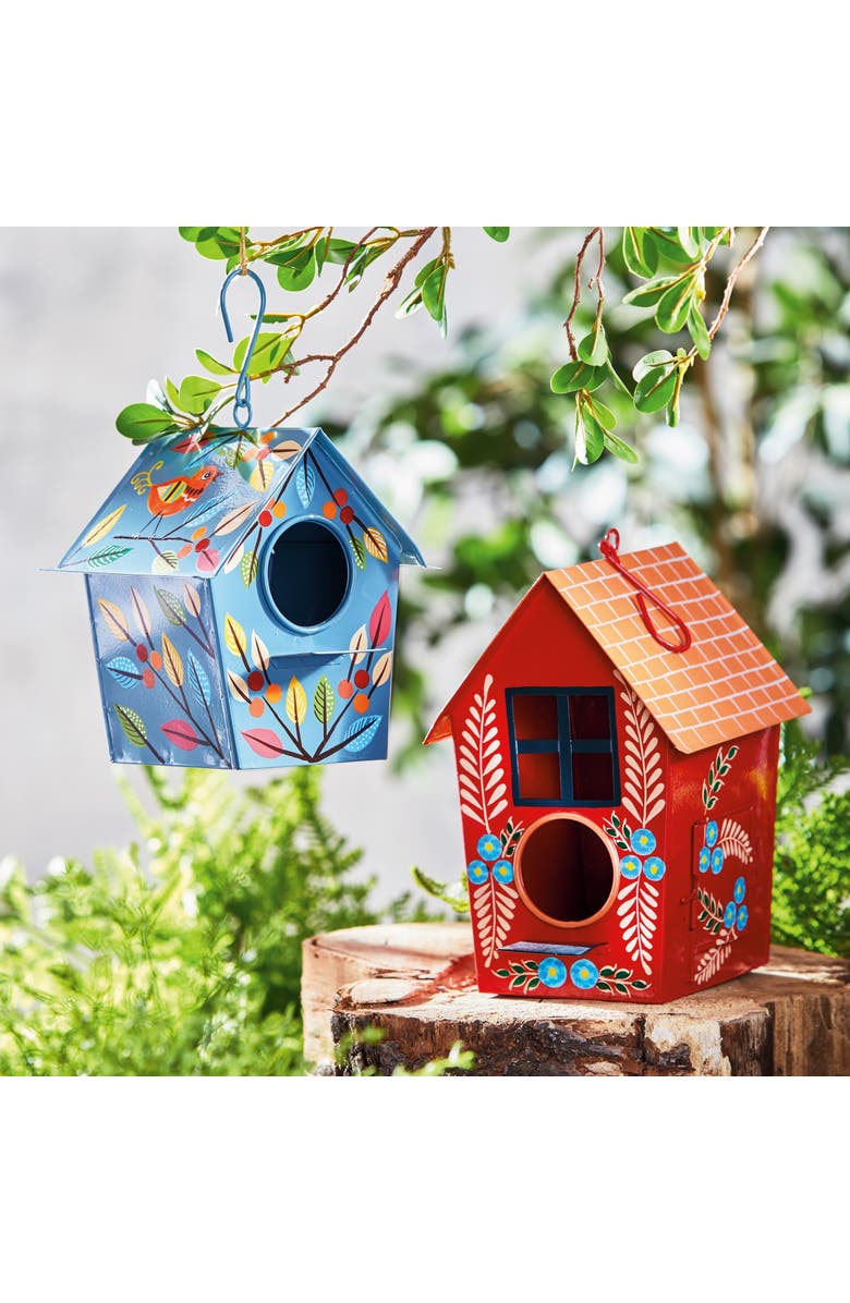 tag Hand Painted Feathers Bird House Multi Iron Spring, Alternate, color, Red