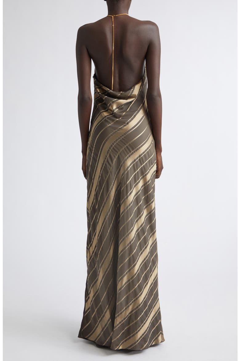 Metallic Diagonal Stripe Halter Gown, Alternate, color, TRUFFLE