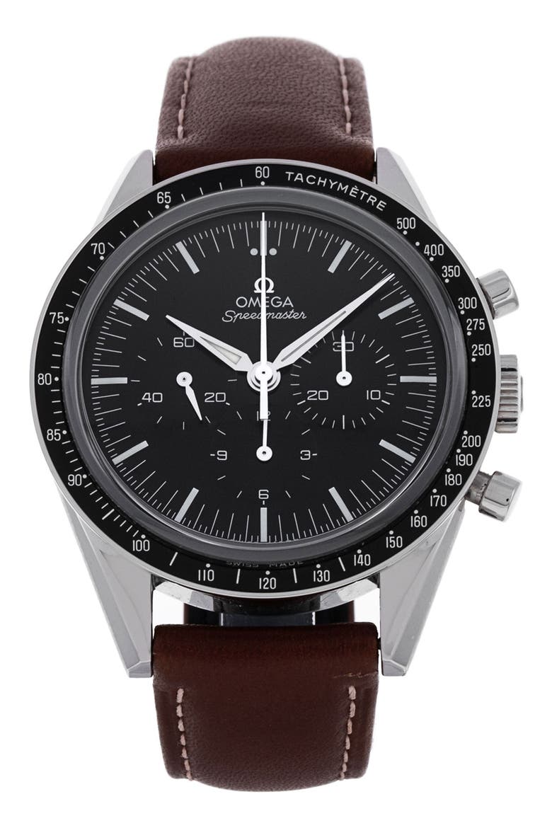 Omega Preowned 2020 Speedmaster Moonwatch Chronograph Leather Strap Watch, 40mm, Main, color, BLACK