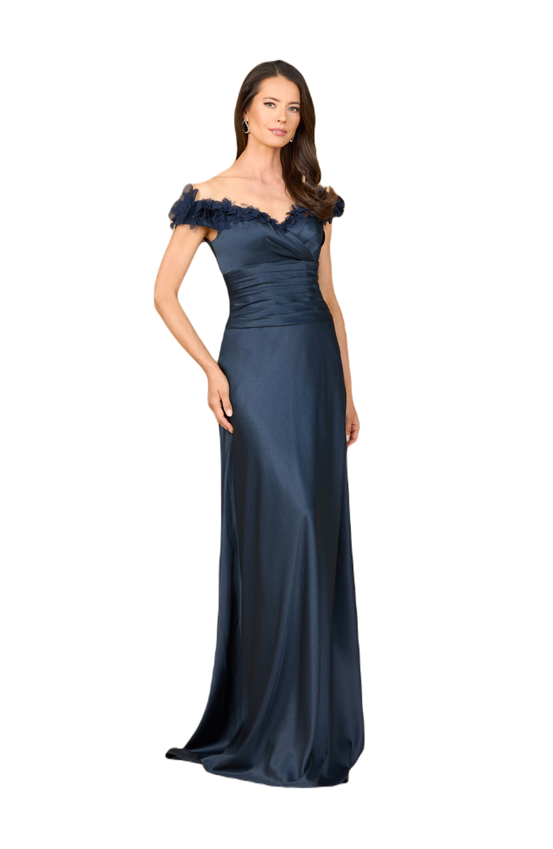 LARA New York Off Shoulder Satin Gown, Main, color, Navy