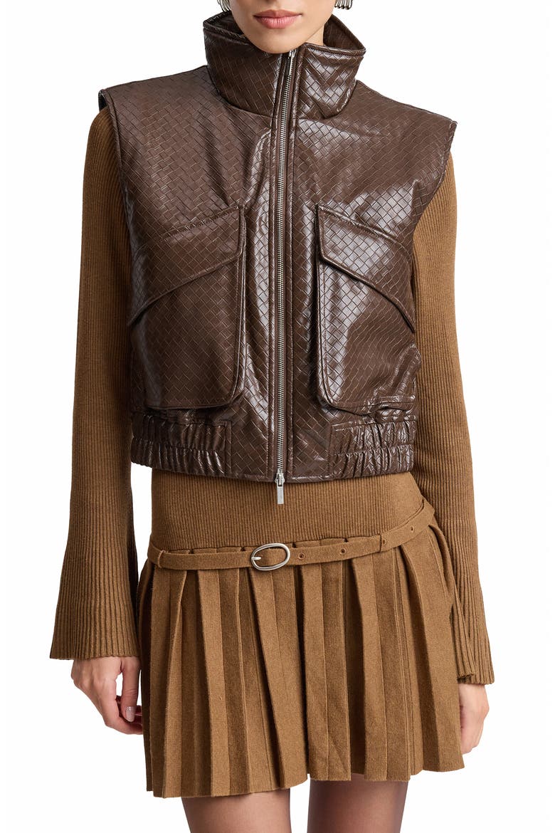 Basket Weave Faux Leather Cropped Puffer Vest, Main, color, JAVA