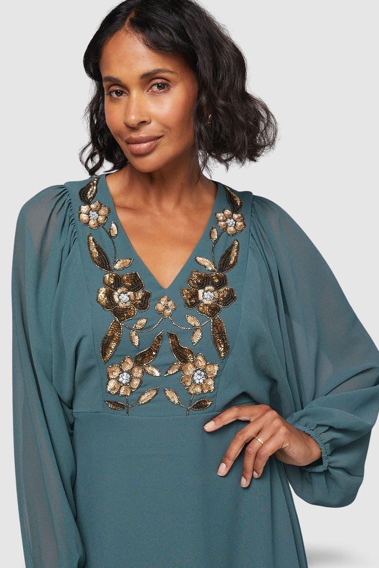 Embellished Balloon Sleeve Midi Dress, Alternate, color, Green