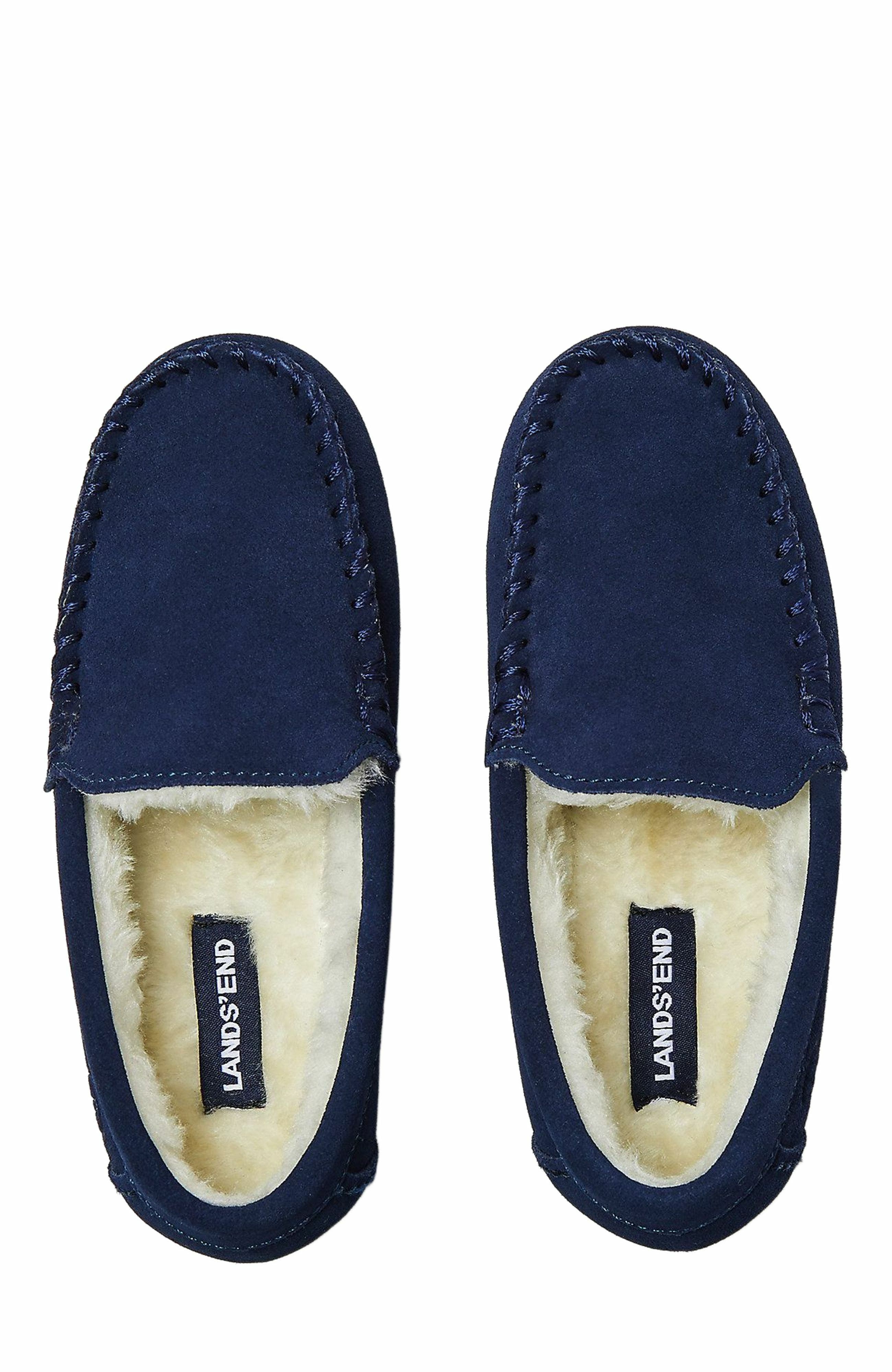 Lands' End Kids Fuzzy Lined Suede Moccasin Slippers, Main, color, Radiant Navy Suede