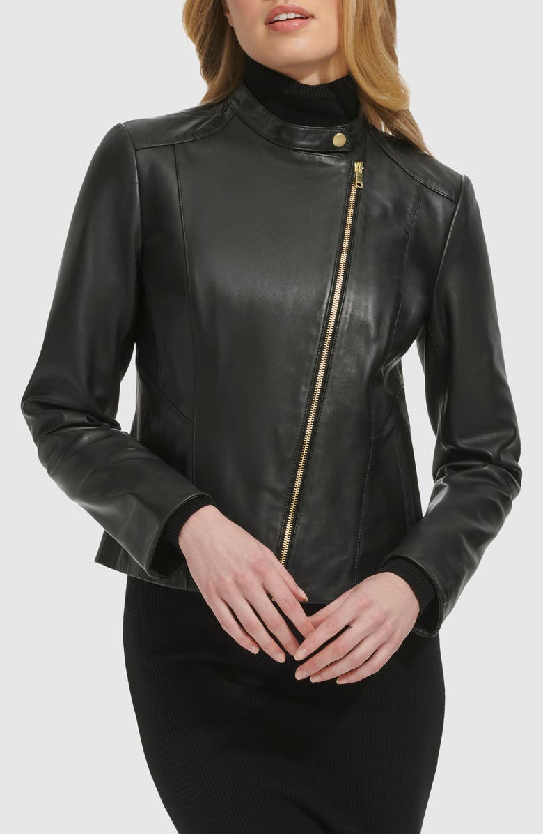 Cole Haan Band Collar Leather Moto Jacket, Alternate, color, Black