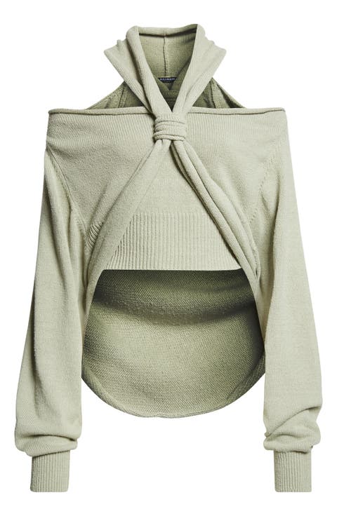 Halter Neck Cold Shoulder Silk Sweater