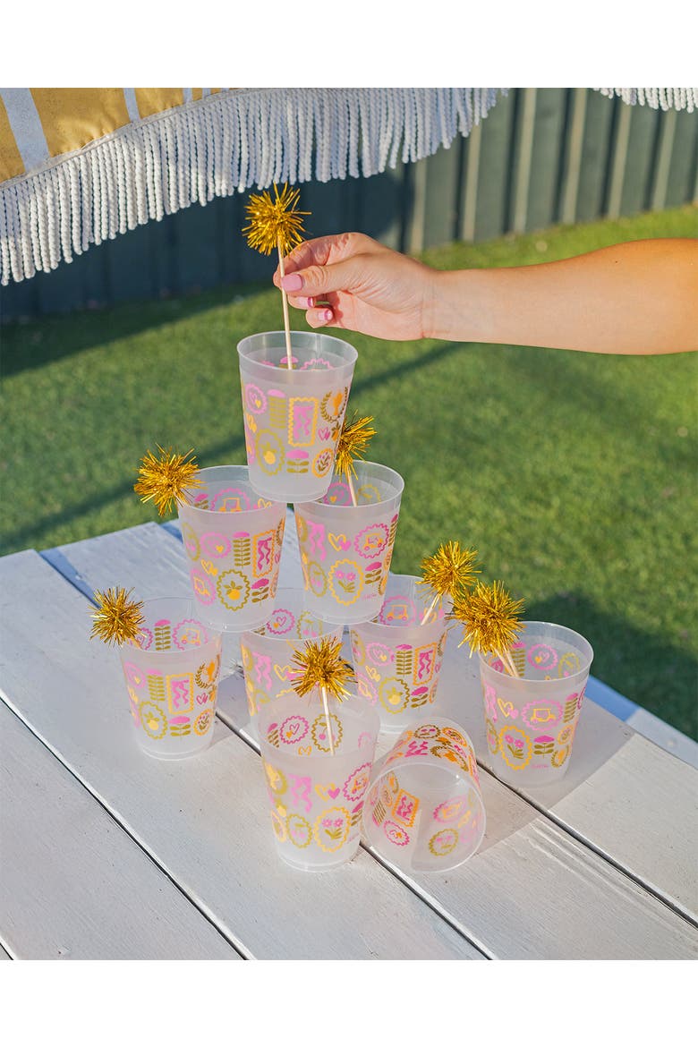 Forever Fun Gold Pom Pom Reusable Stackable Cups Set of 10 - 16 oz Shatterproof Party Cups with Gold Pom Pom Stirrers, Alternate, color, Multicolor