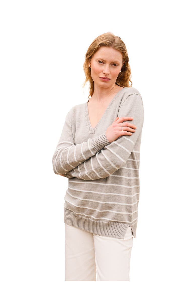 Celtic & Co. Merino V-Neck Sweater, Main, color, Oatmeal Ecru Stripe