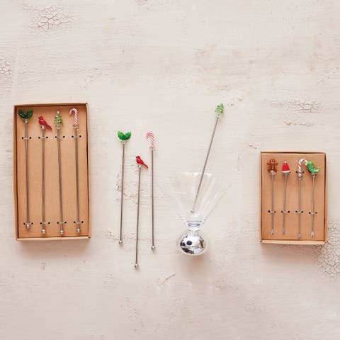 4-Piece Stainless Steel Cocktail Stirrers with Hand-Blown Glass Holiday Icons