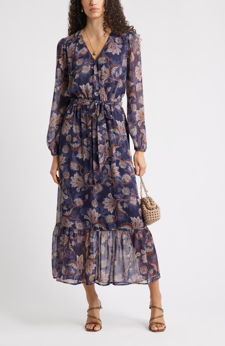 Chelsea28 Long Sleeve Faux Wrap Dress, Alternate, color, Navy Shayna Floral