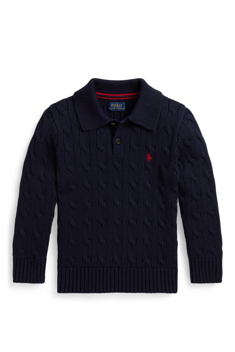 Kids' Cable Knit Cotton Polo Sweater, Main, color, RL NAVY