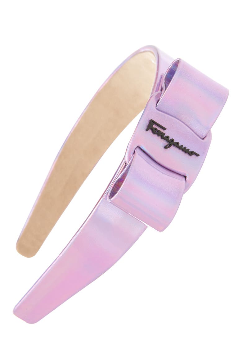 Salvatore Ferragamo Viva Bow Metallic Leather Headband, Main, color, LATEX PURPLE