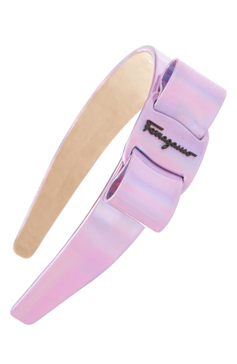 FERRAGAMO Salvatore Ferragamo Viva Bow Metallic Leather Headband, Main, color, 