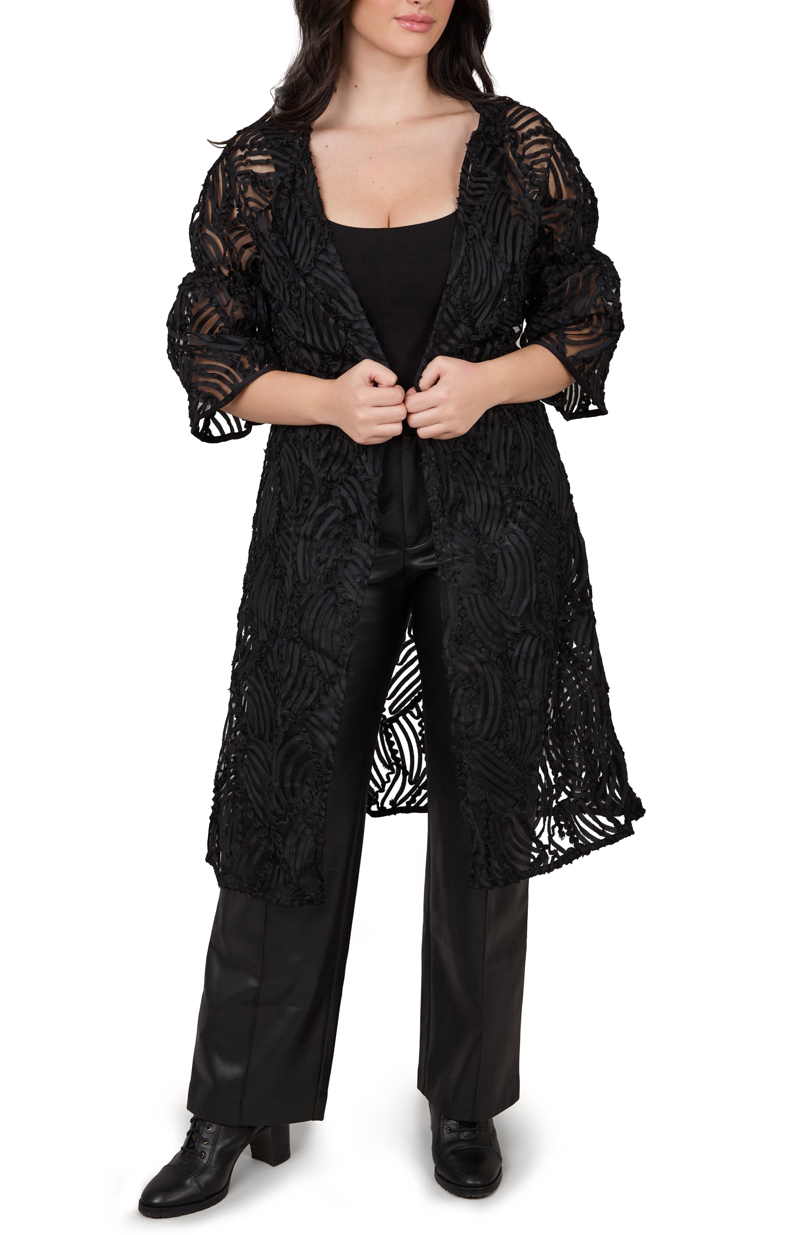 SAACHI Ribbon Trim Balloon Sleeve Ruana