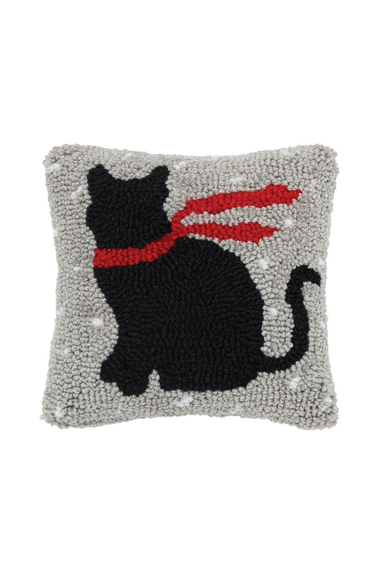 Christmas Black Cat w/ Red Scarf Silhouette Hooked Mini Accent Pillow 8" x 8", Main, color, Grey