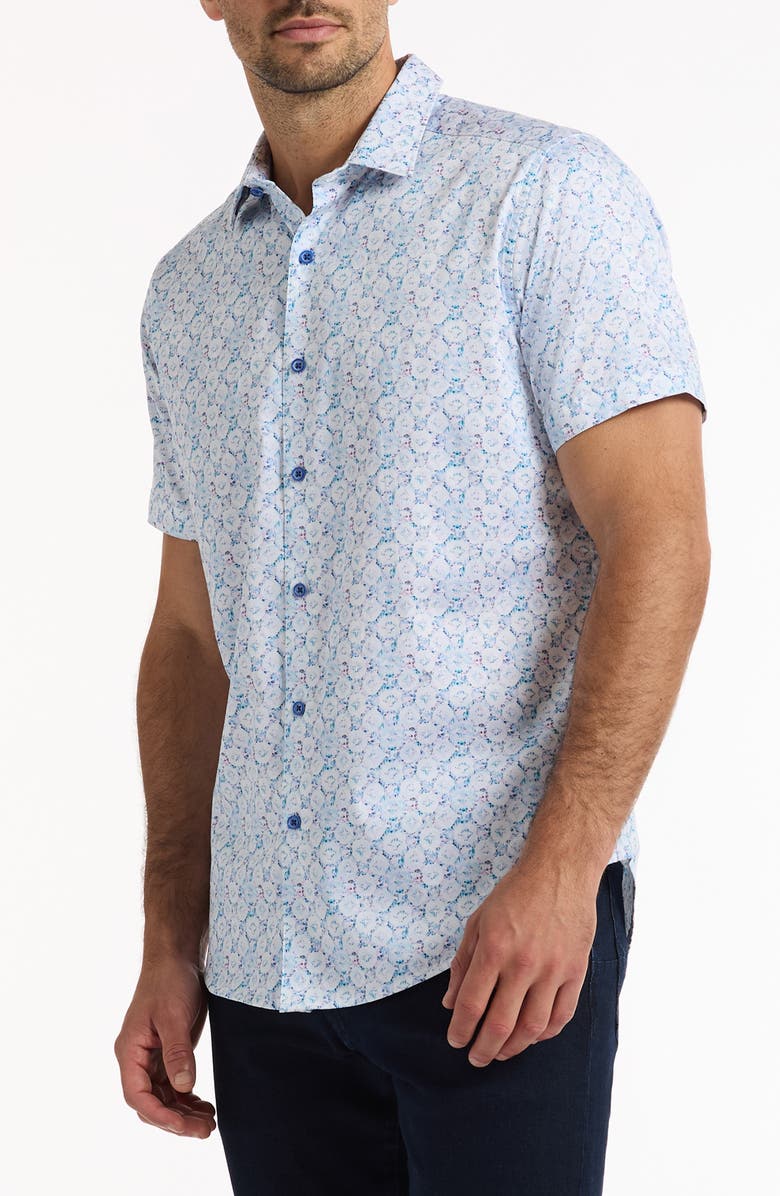 Robert Graham Bramston Medallion Print Short Sleeve Stretch Cotton Button-Up Shirt, Alternate, color, White
