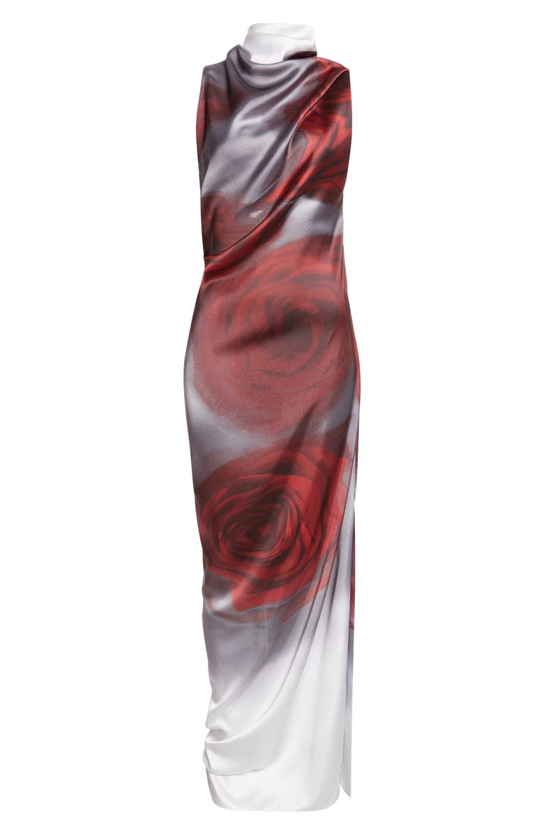 Jean Paul Gaultier Blurry Roses Draped Satin Dress, Alternate, color, White/ Grey/ Red