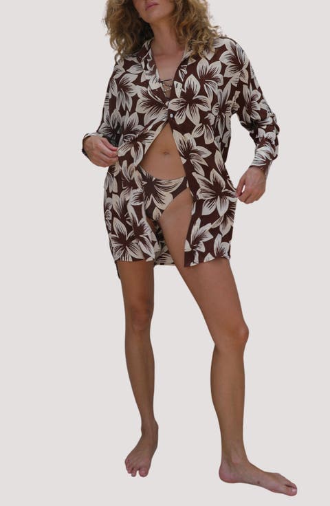 Print Long Sleeve Cover-Up Shirtdress