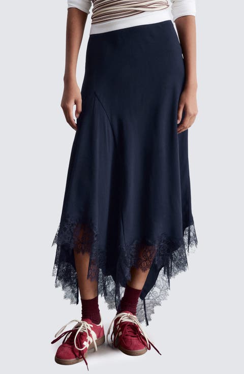 Lace Trim Handkerchief Hem Midi Skirt