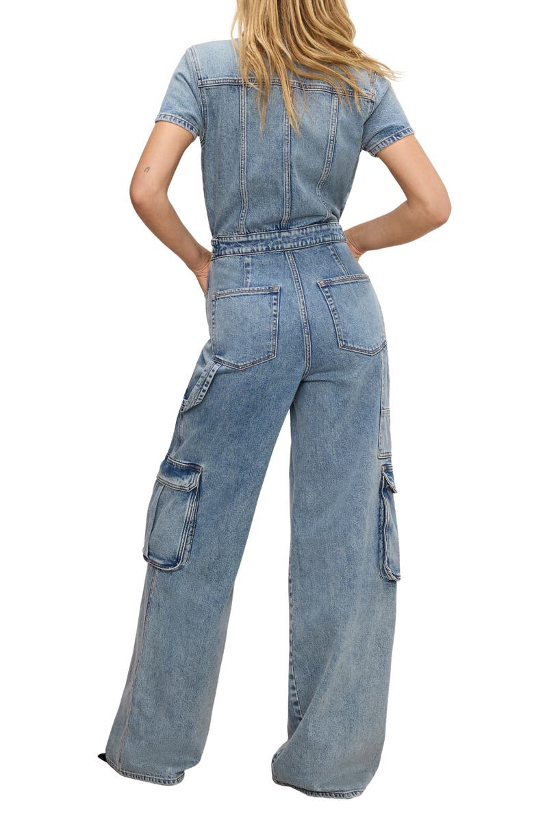 Good American Fit For Success Denim Wide Leg Cargo Jumpsuit, Alternate, color, Indigo762