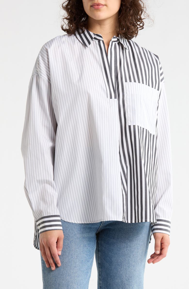 French Connection High-Low Boyfriend Shirt, Main, color, White/ Grey/ Black