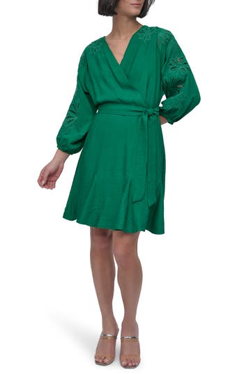 DKNY DKNY EYELET LONG SLEEVE FAUX WRAP DRESS 