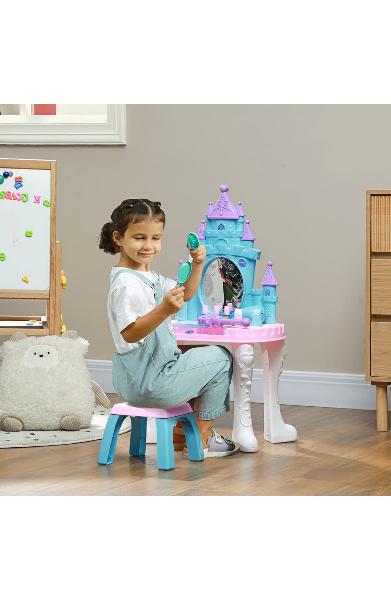 Qaba Kids Vanity Set, Mirror, Stool, Castle Design, Light, Music, Hair Dryer, Alternate, color, Multicolor