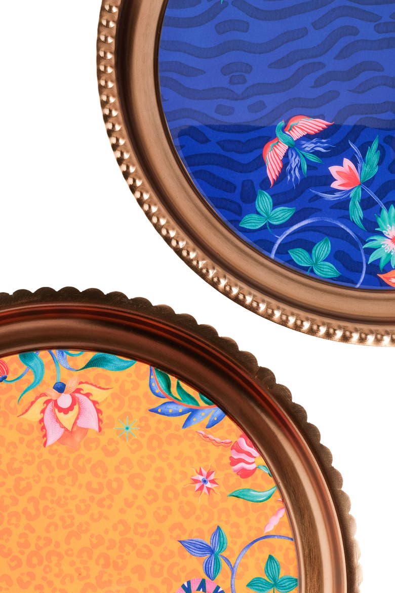 Nanpur Patterned Round Metal Decorative Tray 14X14 In, Alternate, color, Blue