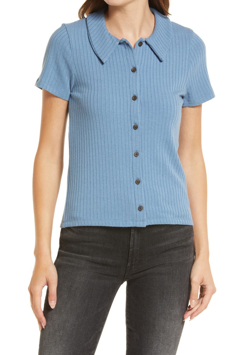 Rib Polo Button-Front Tee, Main, color, DISTANT OCEAN