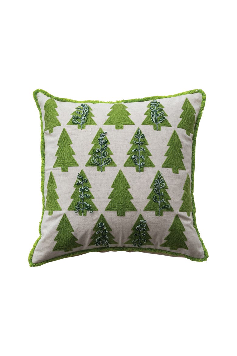 Cotton & Linen Pillow with Embroidered Tree Pattern, Natural & Green, Main, color, Natural & Green