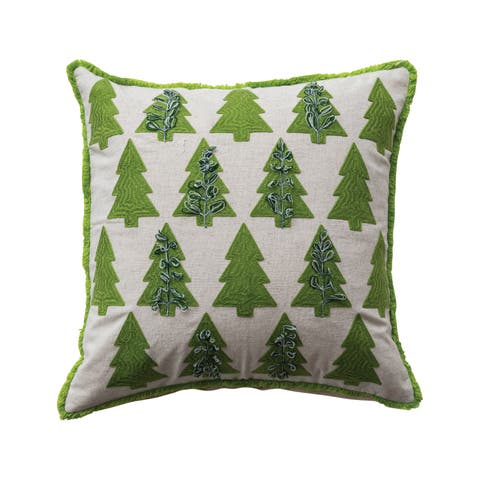 Cotton & Linen Pillow with Embroidered Tree Pattern, Natural & Green